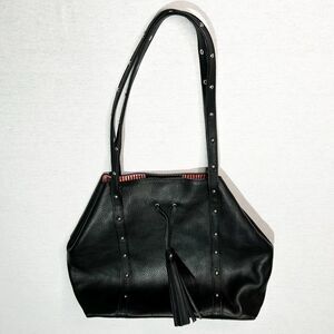 Black Faux Leather Satchel with Studded Handle and Tassel Accent Shoulder Bag